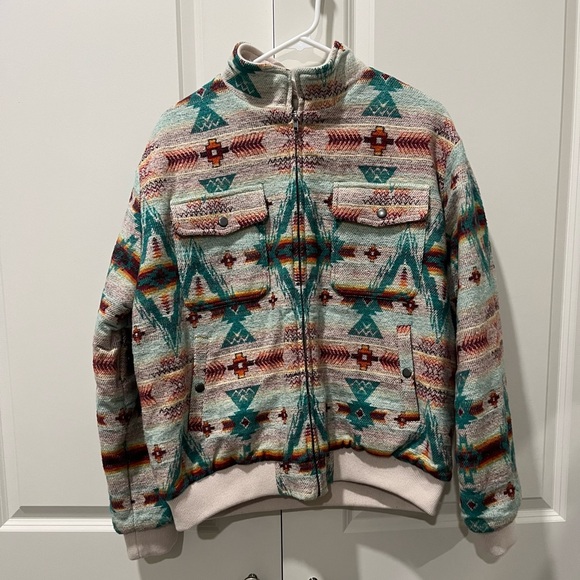 Rock & Roll Denim Jackets & Blazers - Woven Aztec Bomber Jacket in Teal & Cream